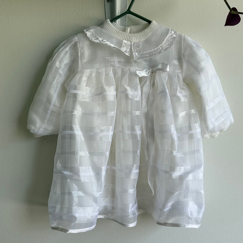 Vintage White Organza Baby‎ Dress Lace Collar Made in Italy Christening Baptism
